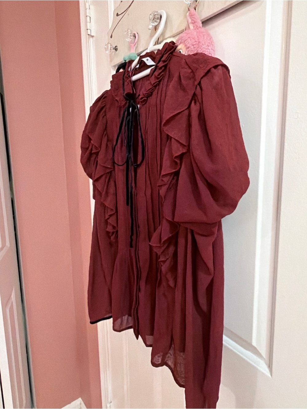 Zara Ruffled Tie-Neck Sheer Blouse - Burgundy - Picture 8 of 8